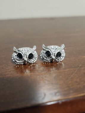Silver Owl Stud Earrings with Black Eye Accents - Women Jewelry Earrings